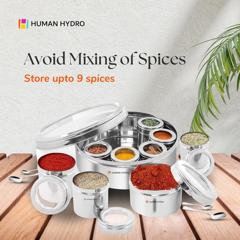 Human Hydro صندوق توابل من الفولاذ المقاوم للصدأ 9 في 1 | علبة توابل مع غطاء شفاف و 3 ملاعق | علبة توابل محكمة الإغلاق للتوابل والأعشاب والبهارات | داني توابل للمطبخ - Image 4
