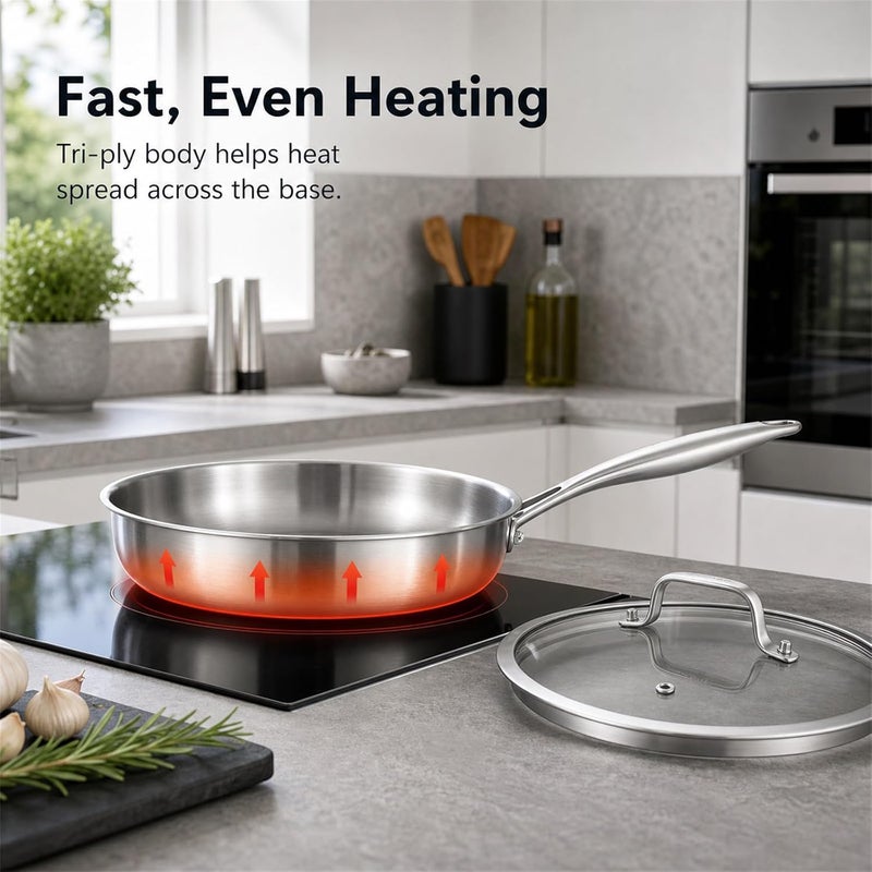 DELARLO Tri-ply Stainless Steel Kitchen Cookware Frying Pan Set with Lid 8" 10" 12" Induction large Skillets Chef's Pan,Pots and Pans Set Kitchen Cookware Set Suitable for All Stove - Image 3