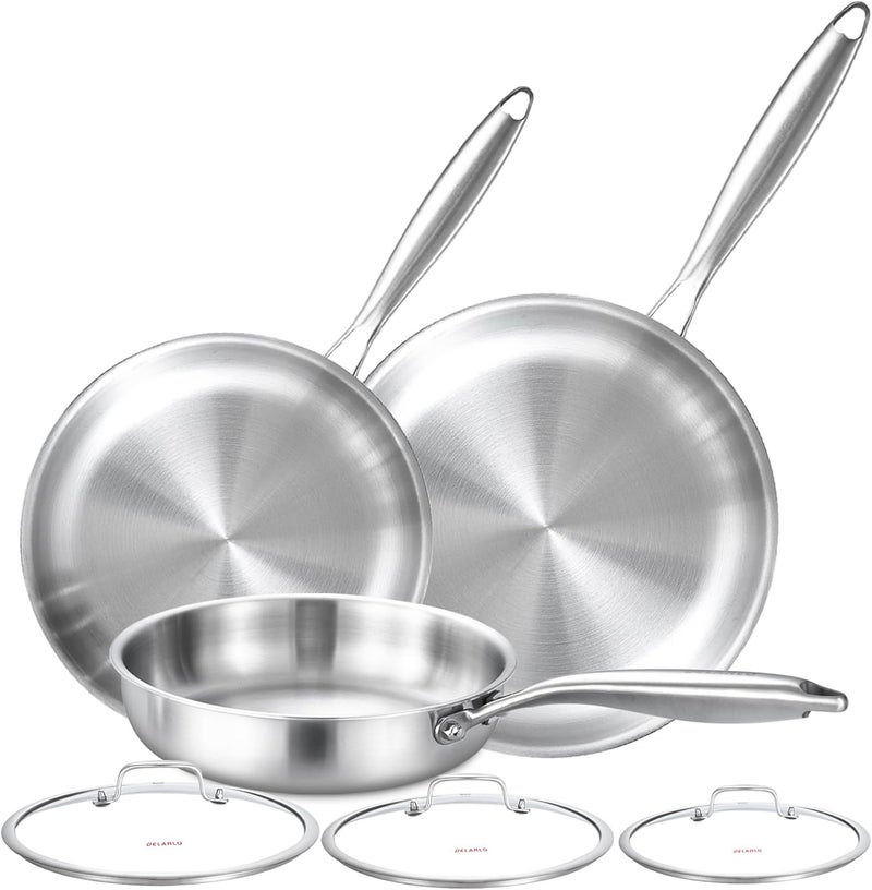 DELARLO Tri-ply Stainless Steel Kitchen Cookware Frying Pan Set with Lid 8" 10" 12" Induction large Skillets Chef's Pan,Pots and Pans Set Kitchen Cookware Set Suitable for All Stove - Image 1