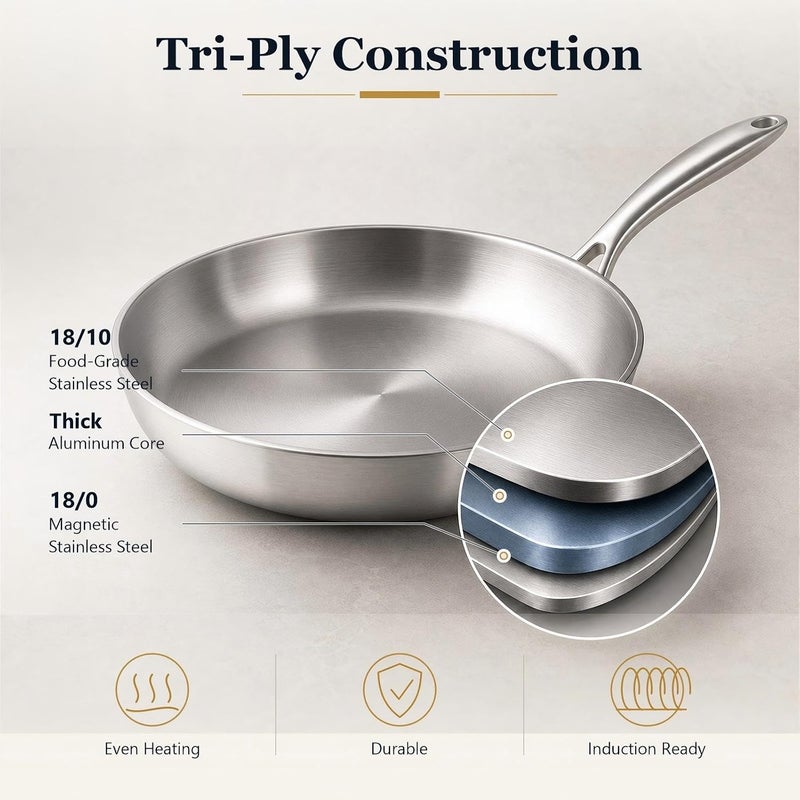 DELARLO Tri-ply Stainless Steel Kitchen Cookware Frying Pan Set with Lid 8" 10" 12" Induction large Skillets Chef's Pan,Pots and Pans Set Kitchen Cookware Set Suitable for All Stove - Image 2