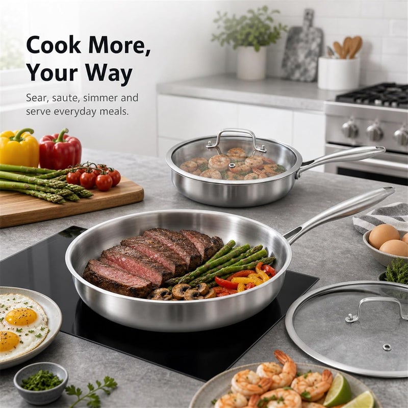 DELARLO Tri-ply Stainless Steel Kitchen Cookware Frying Pan Set with Lid 8" 10" 12" Induction large Skillets Chef's Pan,Pots and Pans Set Kitchen Cookware Set Suitable for All Stove - Image 4