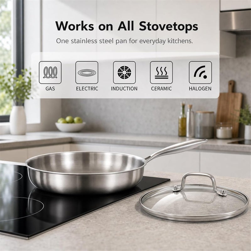 DELARLO Tri-ply Stainless Steel Kitchen Cookware Frying Pan Set with Lid 8" 10" 12" Induction large Skillets Chef's Pan,Pots and Pans Set Kitchen Cookware Set Suitable for All Stove - Image 5