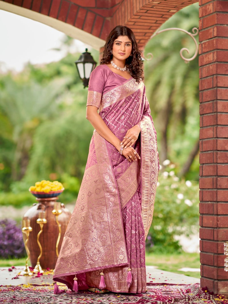 MANOHARI Women's Most Trendy Banarasi Satin Silk Woven Rose Pink Saree With Heavy Jacquard Work Saree With Blouse Piece_MN2030 - Image 4