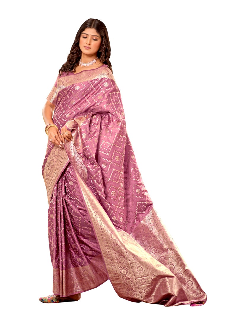 MANOHARI Women's Most Trendy Banarasi Satin Silk Woven Rose Pink Saree With Heavy Jacquard Work Saree With Blouse Piece_MN2030 - Image 1