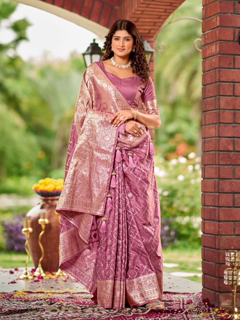 MANOHARI Women's Most Trendy Banarasi Satin Silk Woven Rose Pink Saree With Heavy Jacquard Work Saree With Blouse Piece_MN2030 - Image 5