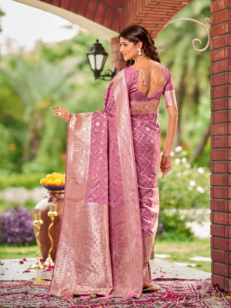 MANOHARI Women's Most Trendy Banarasi Satin Silk Woven Rose Pink Saree With Heavy Jacquard Work Saree With Blouse Piece_MN2030 - Image 3