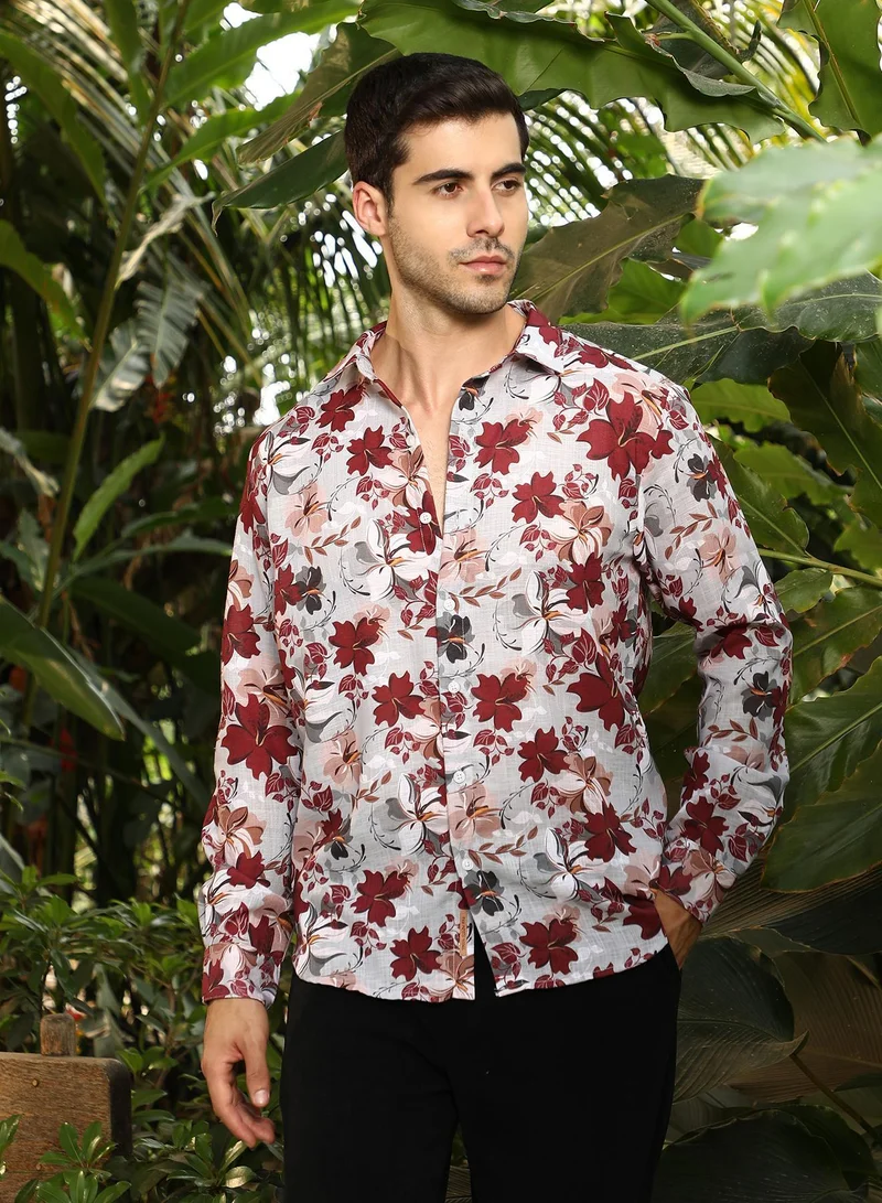 Campus Sutra Men's Crimson Red Hibicus Imprint Shirt