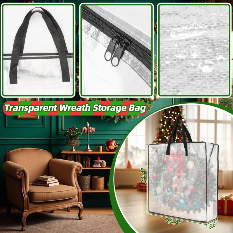 RAINFLOW Christmas Wreath Storage Container - Clear Moving Bags Heavy Duty With Zipper for Wreaths Clothes Gift Pillow Toy Plastic Storage Bag Supplies College Dorm Under Bed Storage(24 inch) - Image 2