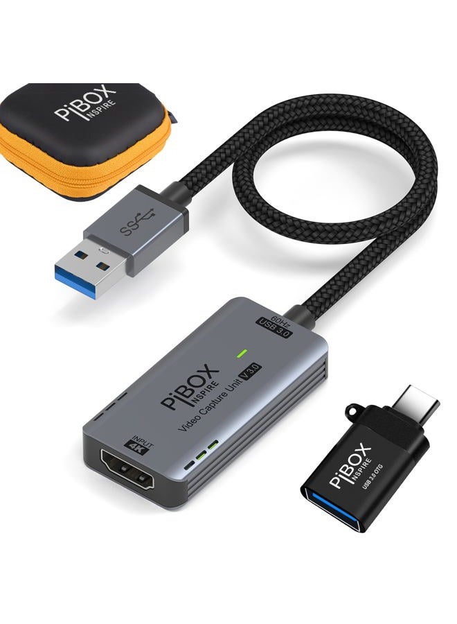 pibox India كابل بطاقة التقاط الفيديو المحسن GEN 3 60 FPS، 4K HDMI إلى USB 3.0 MJPEG YUV جهاز التقاط الألعاب من الألمنيوم ويندوز أندرويد ماك، بث فيديو مباشر HD 1080P 60fps، تعليم - 2024 - Image 1