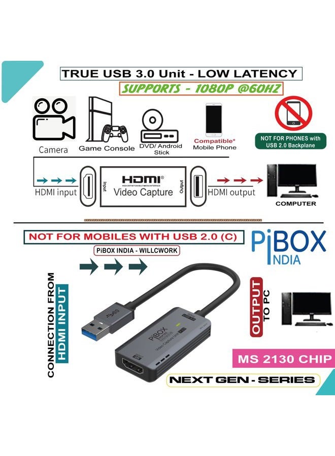 pibox India كابل بطاقة التقاط الفيديو المحسن GEN 3 60 FPS، 4K HDMI إلى USB 3.0 MJPEG YUV جهاز التقاط الألعاب من الألمنيوم ويندوز أندرويد ماك، بث فيديو مباشر HD 1080P 60fps، تعليم - 2024 - Image 2
