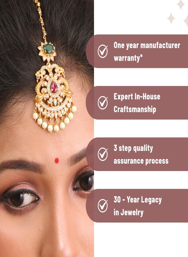 TARINIKA Antique Gold Maang Tikka Indian Headpiece Jewelry for Wedding & Festive Occasions | CZ Stone & Brass Alloy | Traditional Hair Accessories for Women (Viksha Antique (White Red Green)) - Image 5