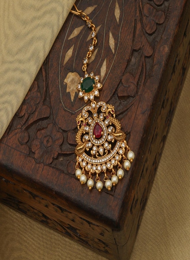 TARINIKA Antique Gold Maang Tikka Indian Headpiece Jewelry for Wedding & Festive Occasions | CZ Stone & Brass Alloy | Traditional Hair Accessories for Women (Viksha Antique (White Red Green)) - Image 4
