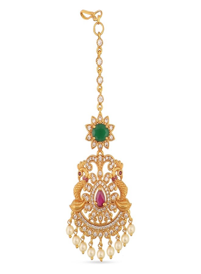 TARINIKA Antique Gold Maang Tikka Indian Headpiece Jewelry for Wedding & Festive Occasions | CZ Stone & Brass Alloy | Traditional Hair Accessories for Women (Viksha Antique (White Red Green)) - Image 1