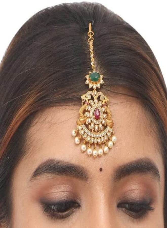 TARINIKA Antique Gold Maang Tikka Indian Headpiece Jewelry for Wedding & Festive Occasions | CZ Stone & Brass Alloy | Traditional Hair Accessories for Women (Viksha Antique (White Red Green)) - Image 3