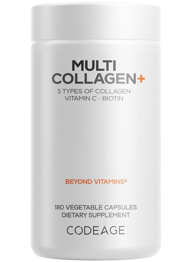 Codeage مكمل متعدد الكولاجين+ مع فيتامين C، بيوتين 5000 ميكروغرام، حمض الهيالورونيك، توت الأملا، بايوبرين - 5 أنواع من الكولاجين من حيوانات رُبِيت على العشب - إمداد لمدة شهرين - غير معدّل وراثيًا - 180 كبسولة - Image 1