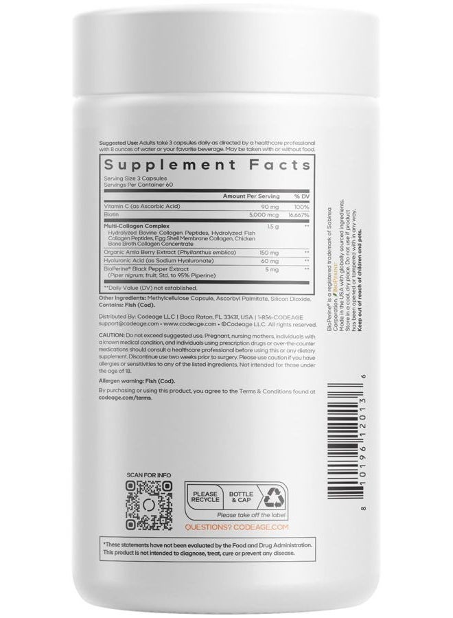 Codeage مكمل متعدد الكولاجين+ مع فيتامين C، بيوتين 5000 ميكروغرام، حمض الهيالورونيك، توت الأملا، بايوبرين - 5 أنواع من الكولاجين من حيوانات رُبِيت على العشب - إمداد لمدة شهرين - غير معدّل وراثيًا - 180 كبسولة - Image 2