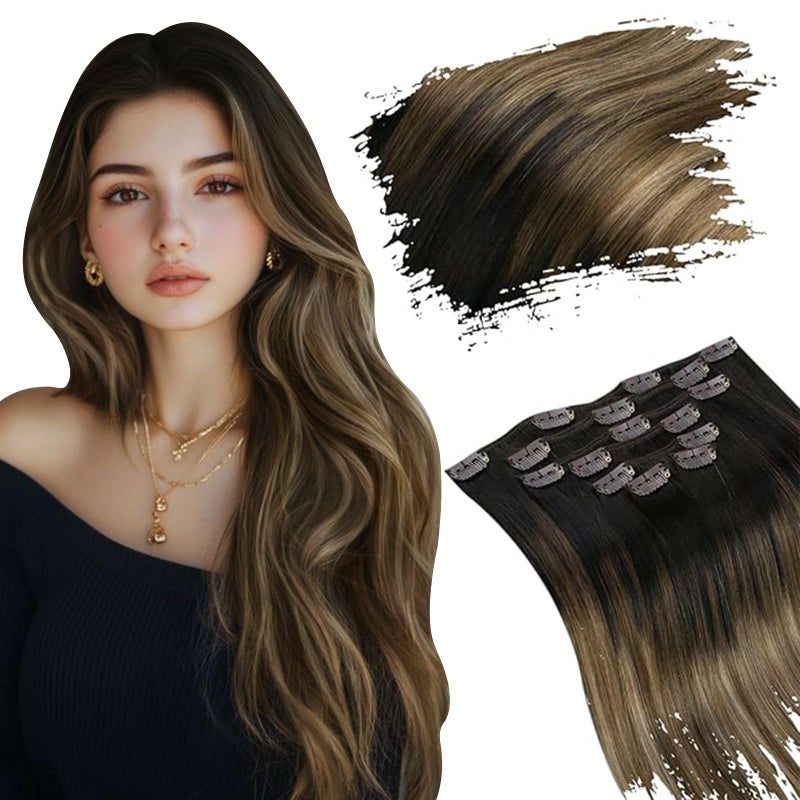 Ugeat Brown Clip in Hair Extensions 20 Inch Thick Hair Extensions Clip ins Dark Brown Balayage Medium Brown Real Human Hair Clip in Extensions 7Pcs 120G 2612