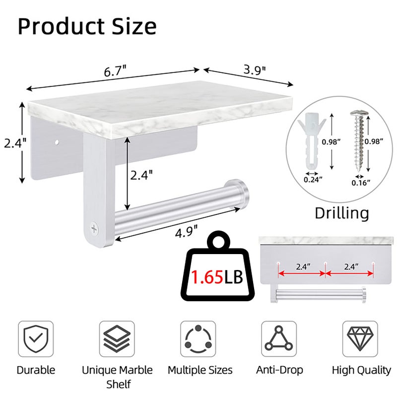 Gypie Brushed Nickel Toilet Paper Holder with Natural Marble Shelf, Screw Wall Mounted, Tissue Roll Holder for Bathroom Washroom - Image 3
