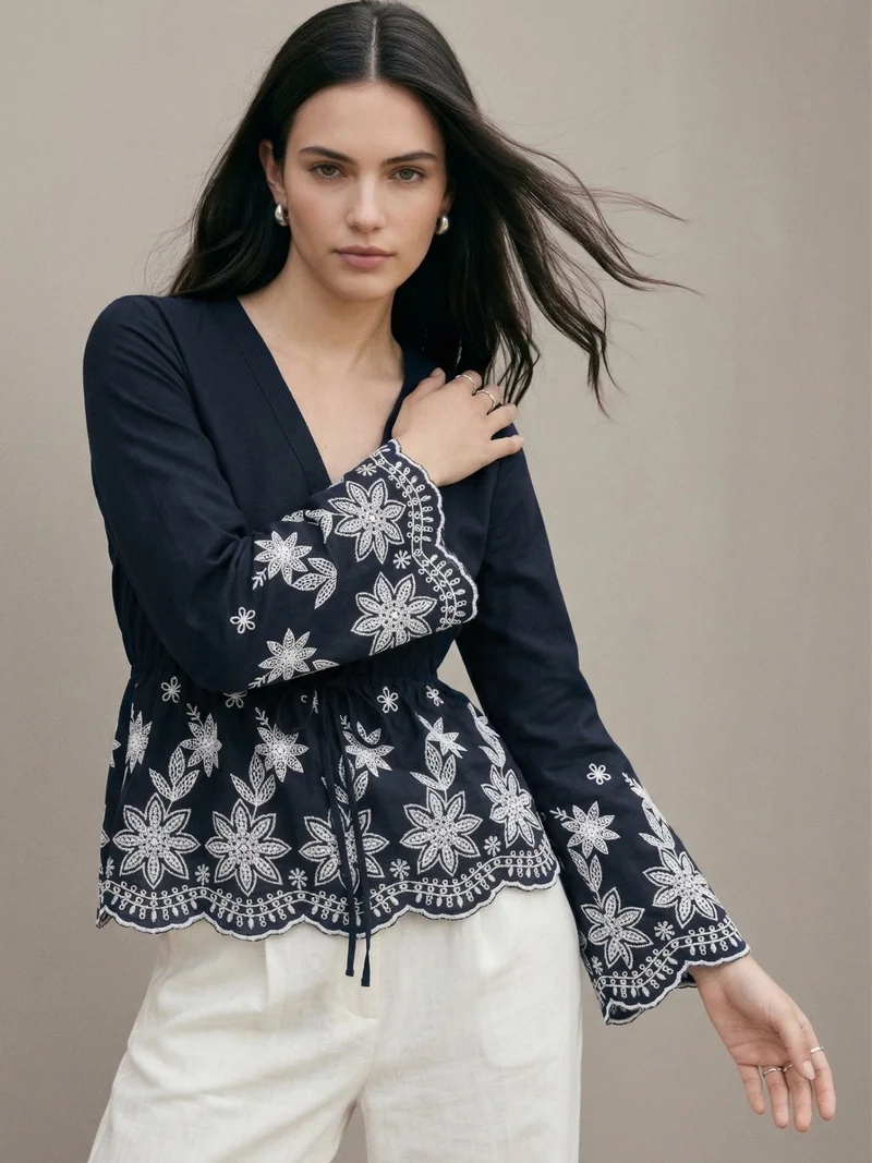 OUTZIDR Navy Blue Floral Border Deep V Neck  Blouse