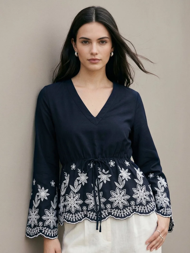 OUTZIDR Navy Blue Floral Border Deep V Neck  Blouse