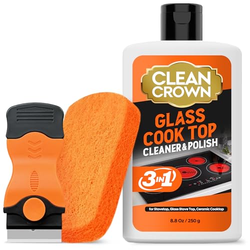CleanCrown 3-in-1 Cooktop Cleaner Kit (8.8 Oz Cooktop Cleaner + Scrubbing Pad + Scraper), Stovetop Cleaner for Electric Top Stoves, Ceramic Cooktops & Fireplace Glass, Remove Burned on Food, Grease - Image 1