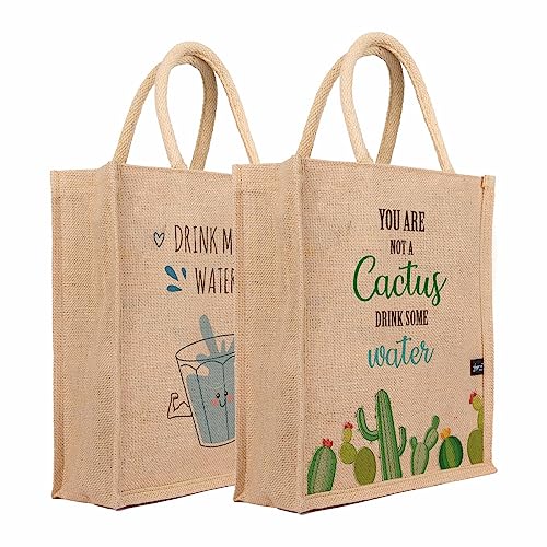 Sangra Eco-Friendly Printed Jute Hand Bag-Reusable Tiffin Shopping Grocery Multipurpose Hand Bag for Men and Women with Zipper (Pack of 2) - Image 1