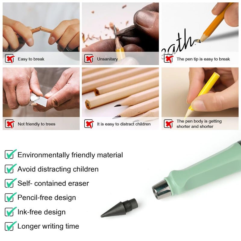 OFFCUP Inkless Pencil, 6pcs Reusable Inkless Pen, Replaceable Portable Eternal Infinity Pencil with 2 Erasers and 8 Nibs for Writing Drawing Students Home Office Supplies - Image 5