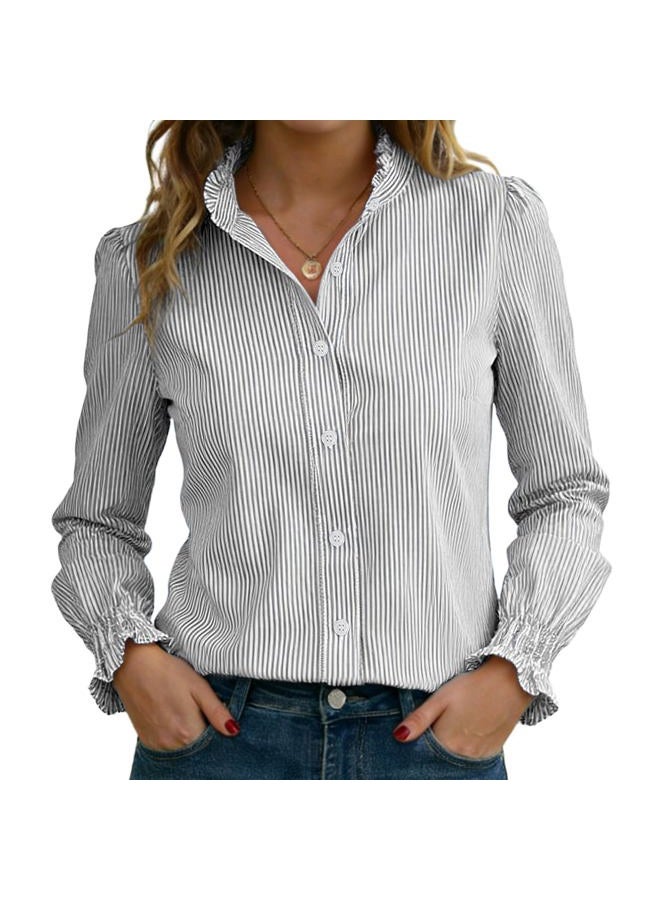Funlingo Women's Striped Button Down Shirts Long Sleeve Smocked Cuffed Ruffle Collar Blouses Spring Work Business Casual Tops, Black White, XL - Image 1