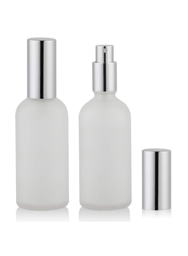 Frosted Glass Spray Bottles 100ml, 2Pcs Leak Proof Travel Empty Bottles With Caps, Refillable for Perfume, Essential Oils, Makeup Toner Lotion Hair Sprayer (Silver) - Image 1