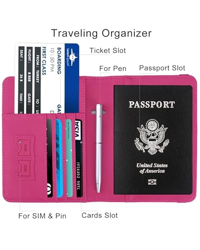 WALNEW Passport Holder for Travel, RFID Passport Cover Wallet for Women Men, PU Leather Passport Book Card Holder Case with Pen, Travelling Essentials for Flying - Image 3