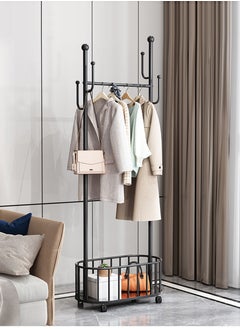 Beirui Rolling Metal Clothes Rack, Metal Clothes Rack with Wheels and Storage Basket, Branch Shape Hooks, Suitable for Hanging Clothes, Hats and Handbags in Living Room, Bedroom 60cm  - Image 1