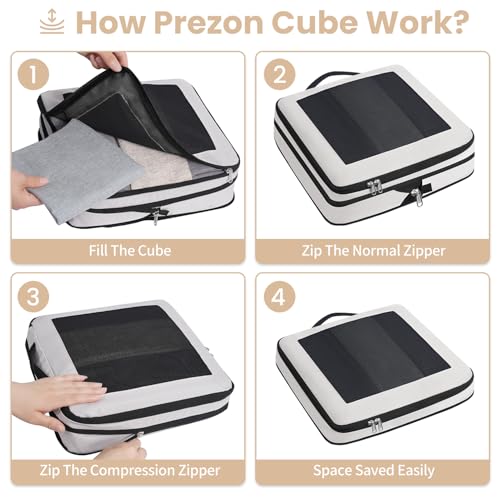 Prezon 8 Set/6 Set/4 Set Compression Packing Cubes for Travel, Lightweight Vacation Travel Essentials, Accessories for Suitcase Organizer Bags Set, Durable Luggage Organizer （8-Square-cream） - Image 4