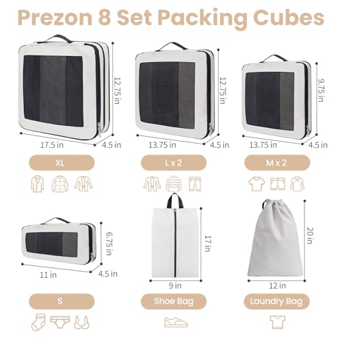 Prezon 8 Set/6 Set/4 Set Compression Packing Cubes for Travel, Lightweight Vacation Travel Essentials, Accessories for Suitcase Organizer Bags Set, Durable Luggage Organizer （8-Square-cream） - Image 3