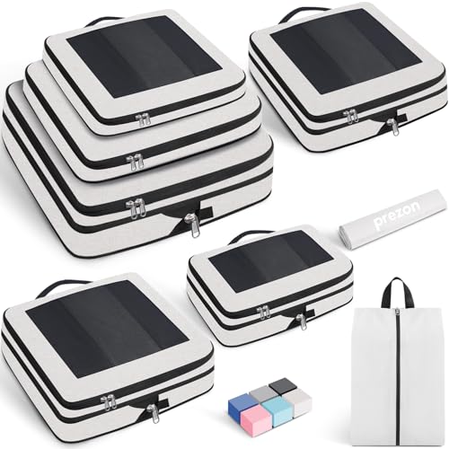 Prezon 8 Set/6 Set/4 Set Compression Packing Cubes for Travel, Lightweight Vacation Travel Essentials, Accessories for Suitcase Organizer Bags Set, Durable Luggage Organizer （8-Square-cream） - Image 1