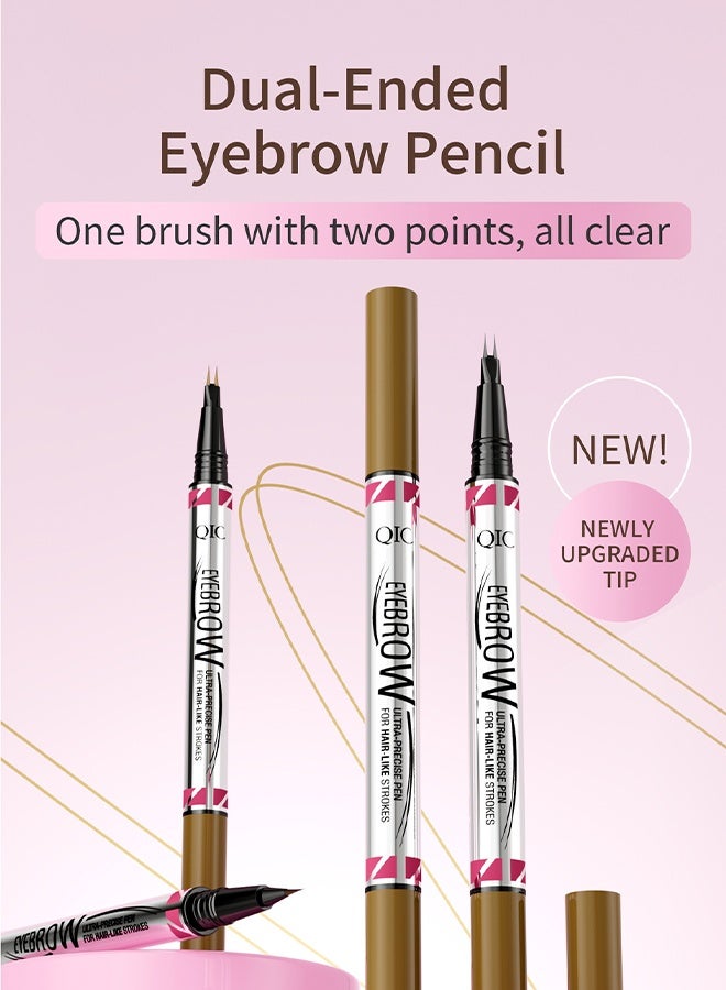 كيو اي سي حاجب، قلم فائق الدقة لرسم شعيرات دقيقة، قلم حواجب 2 في 1 ذو طرفين مع فرشاة مزدوجة، لحواجب طبيعية تشبه الشعر، طويل الأمد، أسود - Image 3