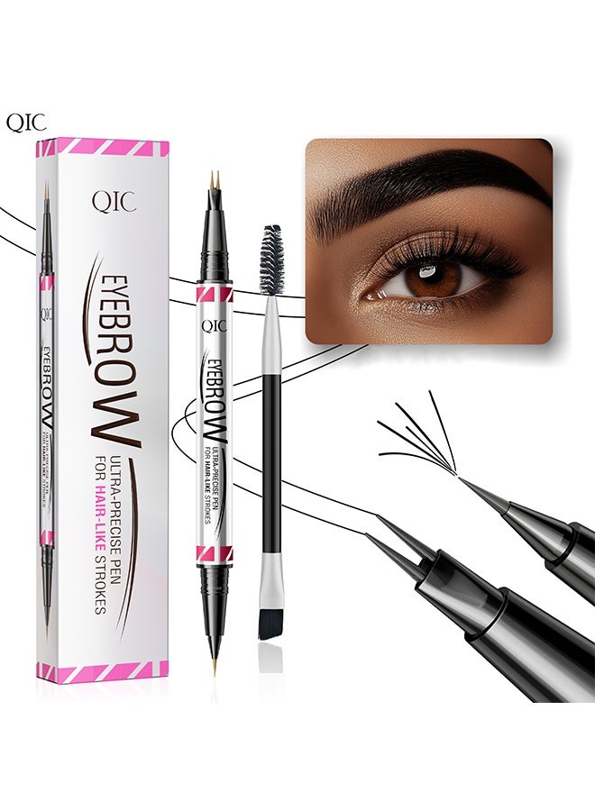 كيو اي سي حاجب، قلم فائق الدقة لرسم شعيرات دقيقة، قلم حواجب 2 في 1 ذو طرفين مع فرشاة مزدوجة، لحواجب طبيعية تشبه الشعر، طويل الأمد، أسود - Image 1