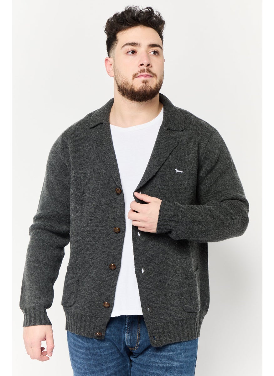 Harmont & Blaine Men Notched Collar Embroidered Logo Cardigan, Dark Grey  - Image 1