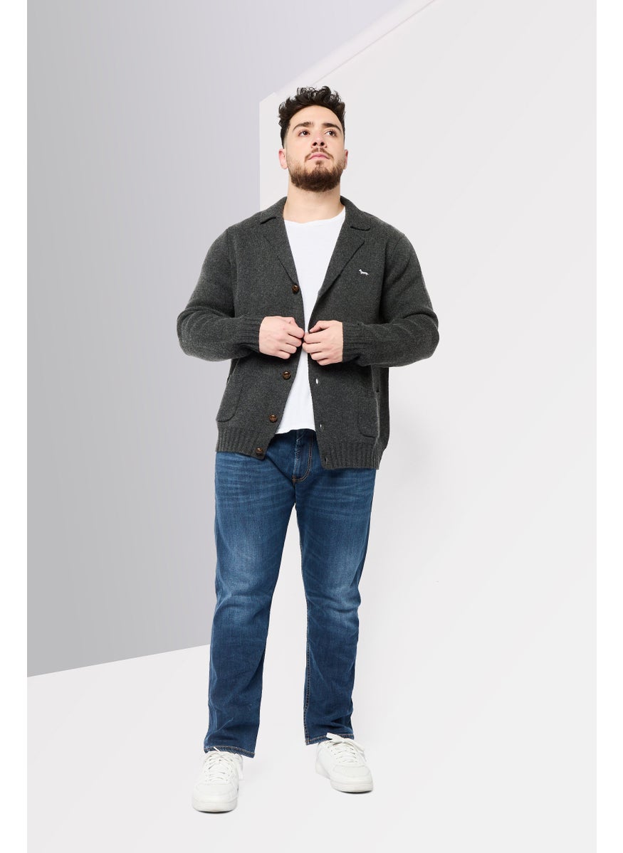Harmont & Blaine Men Notched Collar Embroidered Logo Cardigan, Dark Grey  - Image 2