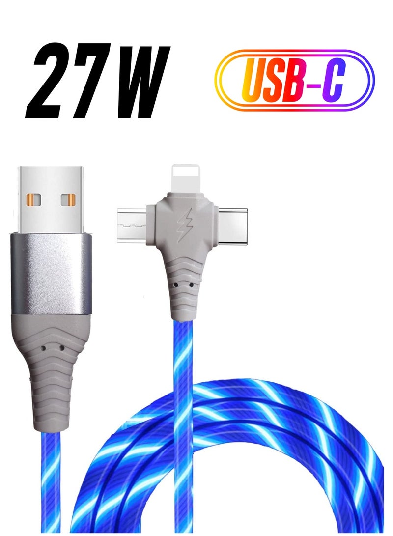Excefore 3 in 1 Charging Cable, Multi Charging Cable LED Flowing Light Up Charger Cable, 3.0 Fast Phone Charger Data Transfer, Durable TPE Charging Cord, for iPhone, Type C and Micro USB Blue 6.6ft - Image 1