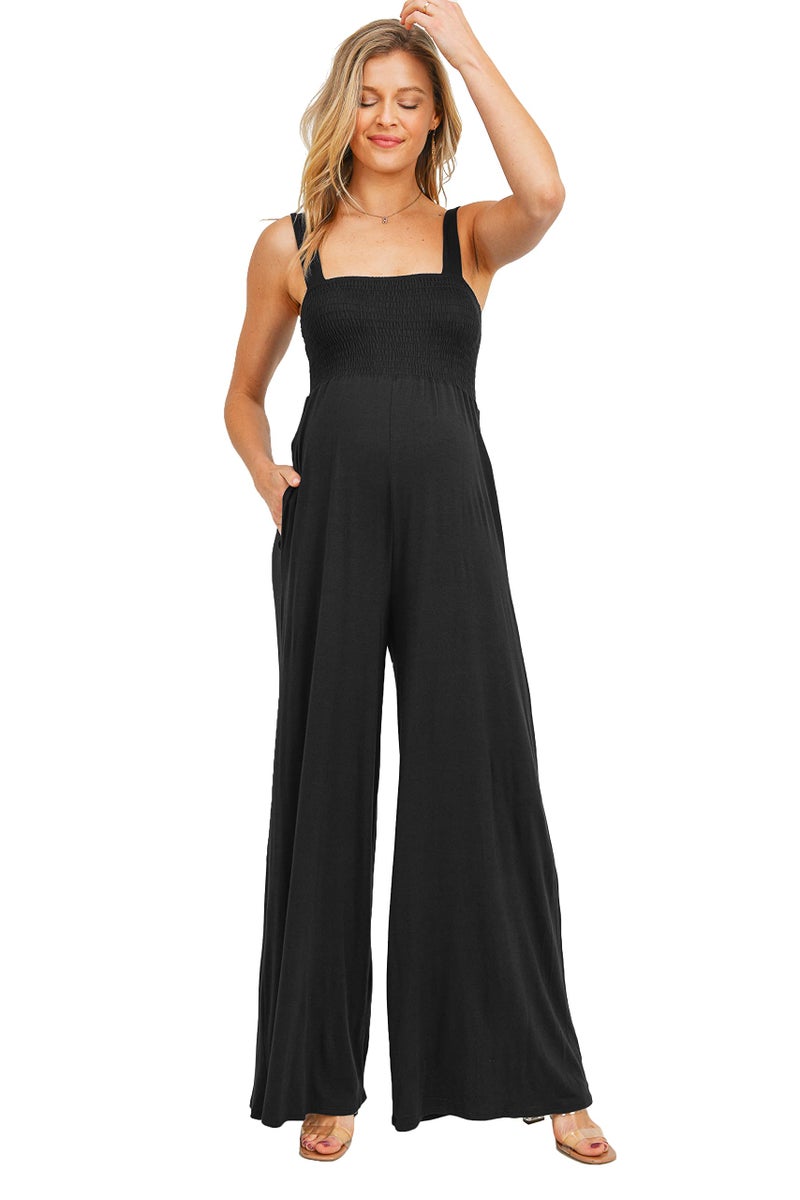 LaClef Women's Maternity Sleeveless Jumpsuit Romper with Smocked neck and pockets (Black, Medium) - Image 1