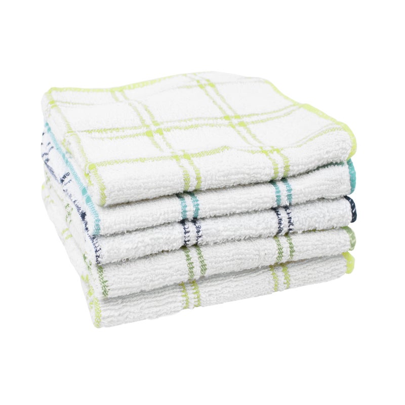 Ritz 100 Cotton 12inch x 12inch Kitchen Dish Towel Gentle Cleaning Wash Cloth with Poly Scour Side BlueGreen 5Pack