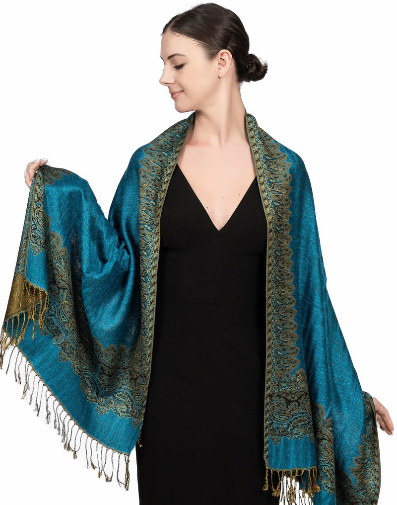 Achillea شال باهظ من الباشمينا القابل للعكس بتصميم بايسلي ناعم وحريري مع أطراف (حدود تركواز) - Image 2