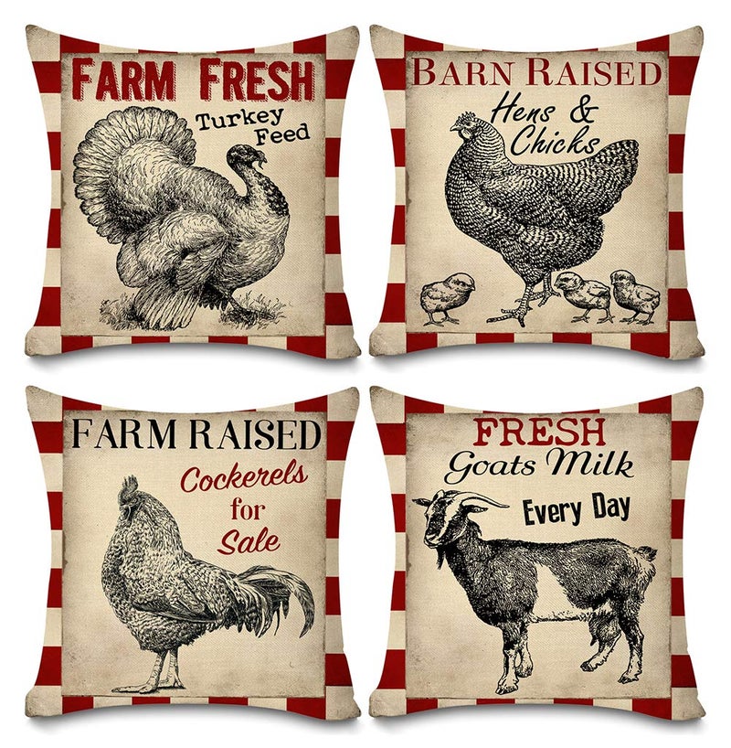 Faromily Vintage Farmhouse Animals Pillow Covers Red Buffalo Plaids Farm Fresh Turkey Hens Chicks Goats Throw Pillow Case Cushion Cover 18 X 18 Set of 4 Farmhouse Decorations Red