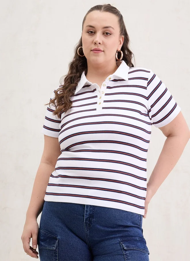 Striped Polo Collar T-Shirt for Women