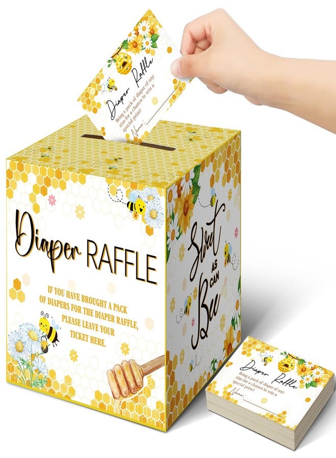 تيلينغ عرض 51 قطعة من تذاكر سحب حفاضات الأطفال مع صندوق بطاقات سحب حفاضات الأطفال، زينة لحفل استقبال المولود الجديد، صندوق حامل لحفل استقبال المولود الجديد لحفل سحب حفاضات الأطفال للبنات (نحلة) - Image 1