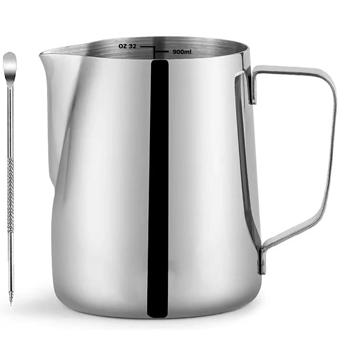STAINLESS STEEL MILK FROTHING PITCHER 32 OZ ESPRESSO STEAMING PITCHER WITH DECORATING PEN FOR ESPRESSO MACHINES CAPPUCCINO LATTE ART A SILVER