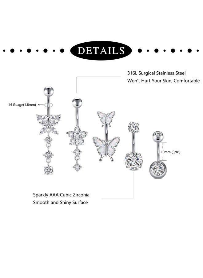 Incaton 14G Belly Button Rings, Stainless Steel Diamond Belly Rings For Women, Dangle Belly Button Rings With Butterfly, 10mm Bar Navel Piercings Silver 10mm - Image 2