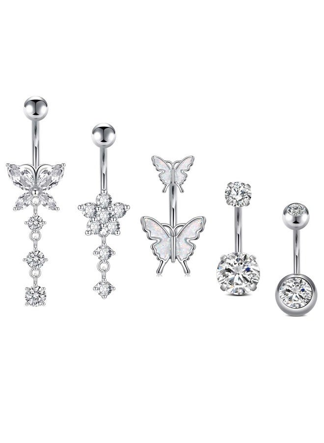 Incaton 14G Belly Button Rings, Stainless Steel Diamond Belly Rings For Women, Dangle Belly Button Rings With Butterfly, 10mm Bar Navel Piercings Silver 10mm - Image 1