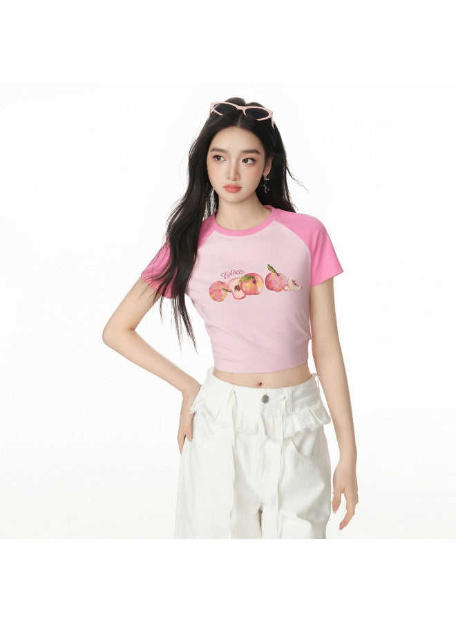 EPTISON Women's Short Sleeve T-shirt 2025 Summer New Slim Fit Cropped Sweet & Spicy Style Vintage Peach Print Raglan Sleeve Top - Image 3