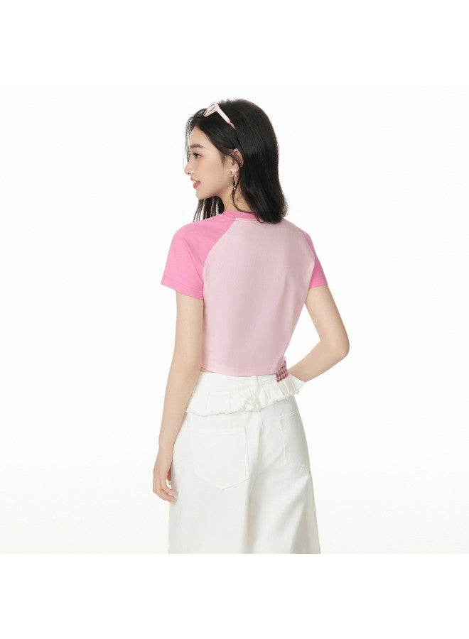 EPTISON Women's Short Sleeve T-shirt 2025 Summer New Slim Fit Cropped Sweet & Spicy Style Vintage Peach Print Raglan Sleeve Top - Image 5